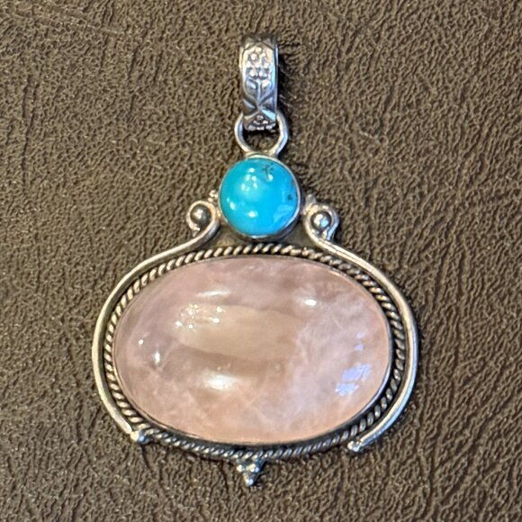 🌹Rose Quartz and Turquoise🌹Sterling Silver Boho Chic Chunky Statement Pendant - Picture 3 of 8